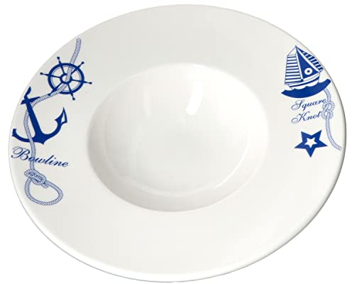 Bonna Navy, piatto da pasta, diametro 28 cm, piatto bianco con decorazione marittima, piatto da pasta, piatto da portata profondo, in porcellana di alta qualità