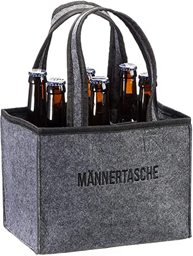 MIJOMA Stilvoller Filz Flaschenträger Biertasche für 6 Flaschen 0,33l/0,5l – Männerhandtasche, Perfekt für Vatertag & Grillpartys (Grau mit Stickerei 'Männerhandtasche')