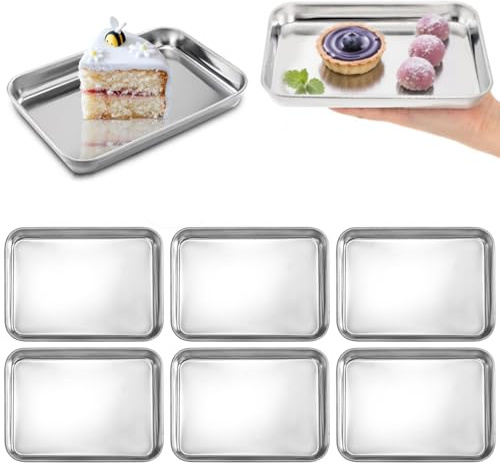 Lyellfe 6 Pack Small Stainless Steel Plates, 9.2''L x 7''W Mini Metal Food Tray Plate, Portable Size Baking Sheets for Oven, Food Safe Smooth Polished for Picky Eaters, Campers, Hand Project