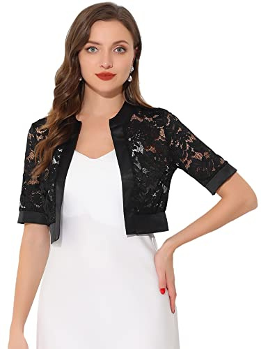 Allegra K Boléro pour femme avec panneau en satin et manches courtes en dentelle, Noir , XL