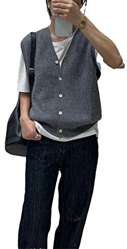 100% Kaschmir V-Ausschnitt Strickjacke Weste Damen ärmelloses Strickpullover Solid Casual Lockere Weste, Dunkelgrau9, XL