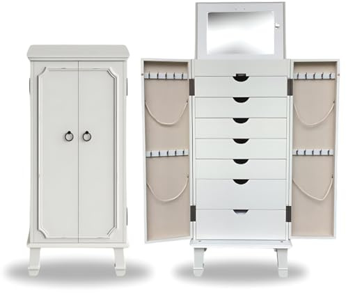 Hives and Honey Charlene Standing Jewelry Armoire – Fully Locking Wood Jewelry Storage with Mirror, 7 Drawers, Necklace Hooks, and Anti-Tarnish Lining, White