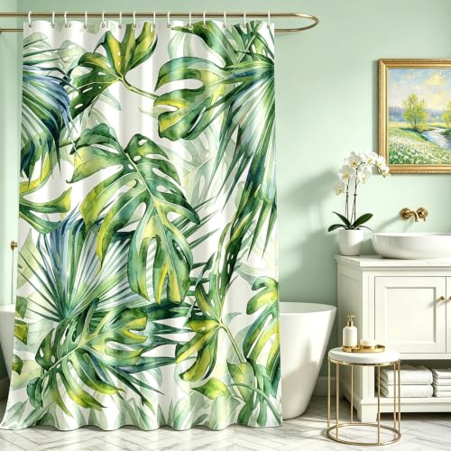 Lerores Duschvorhang 240x180cm Grün Blätter Pflanze, Beschwerter Saum Antischimmel Textil, Wasserdicht, Waschbar Polyester Badevorhänge mit Ösen und 16 Duschvorhangringe für Badezimmer, Badewanne