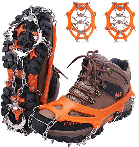 WIN.MAX Crampons for Shoes, Traction Cleats Ice Snow Grips with 19 Stainless Steel Spikes, Shoe Talons Anti - Slip Boots Spikes for Walking, Jogging, Climbing and Hiking (Orange, L)