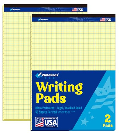 Graph Paper Pads 8.5 x 11, 4x4 Quad Ruled Graph Paper, 2 Pack, 50 Sheets Per Pad, Yellow Graphing Paper Notebook with Sturdy Back & Micro-Perforated Pages, Made in USA, for School, Math, Drafting & Office