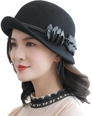 Dvbfufv Damenhut für Herbst und Winter, asymmetrische Krempe, Fedora-Hüte, Party, formelle Wollfilzmütze, Schwarz , Einheitsgröße