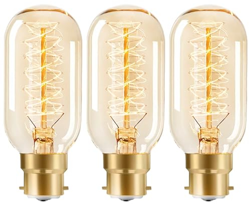40W B22 Vintage Bayonet Light Bulb Warm White，Edison Light Bulb Dimmable Incandescent Bulbs，Spiral Retro Filament Bulbs Amber Glass Lamp，T45 Tube Spiral Decorative，Pack of 3.