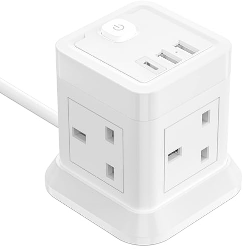 Cube Extension Lead with 4 USB Slots, BEVA 4 Way (13A/3250W) Multi Plug Extension Cords with Child Safety UK Desktop Power Extension Socket, 1.5M Extension Cable for Home Dorm Office Travel, White