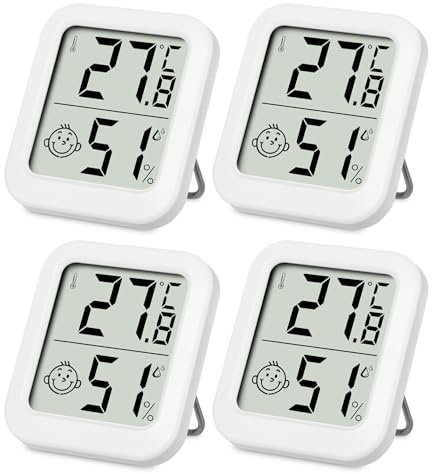 SOBEAU Mini Thermo-Hygrometer Thermometer innen Raumthermometer 4 Stück und luftfeuchtigkeitsmesser, Digitales Innen Hygrometer mit Smiley-Indikator für Babyzimmer Wohnzimmer Büro Gewächshaus(Weiß)