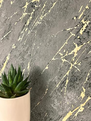 Newroom Vliestapete Anthrazit Marmoroptik Gold Tapete Wohnzimmer | Metallic-Schimmer, raue Putzstruktur, gesprenkelte Adern auf dunklem Grund, Glamour Luxus, Mustertapete, Wandtapete für Flur