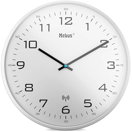 Mebus 13080 Horloge Murale Radio-pilotée silencieuse avec Cadre Blanc et Cadran Blanc Idéal pour Le Salon et la Cuisine 30 cm