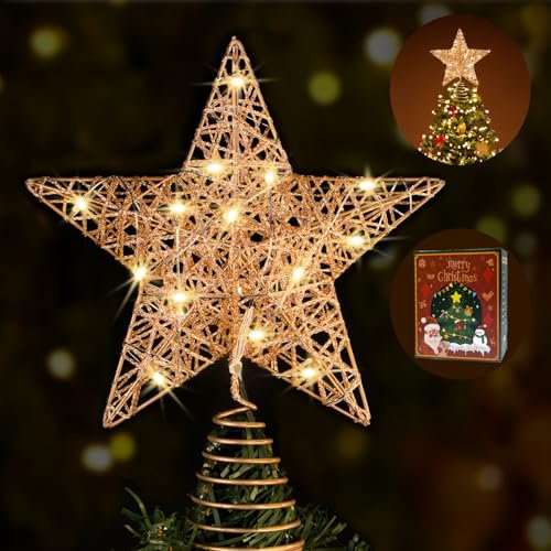 WHOLEV Weihnachtsbaumspitzen Stern, 25cm Roségold Weihnachtsbaumspitzen, beleuchteter Stern glitzernder Metall, 20 LED-Lichter Weihnachtsbaumspitze Sterne für Weihnachtsbaum-Heimdekoration