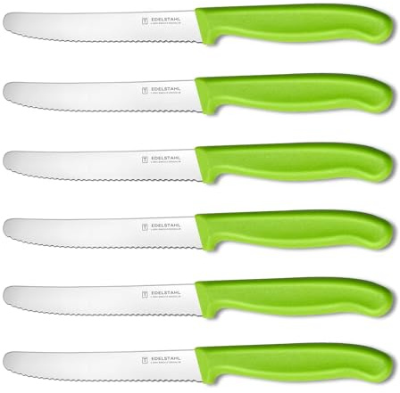 targzier Messer Küche 6x,Edelstahl Tomaten-&Tafelmesser wellenschliff | Brötchenmesser aus Kunststoffgriff Polypropylen,Scharfe Rostfreie Klinge 11cm,Spülmaschinenfest,Grün Messer Frühstücksmesser