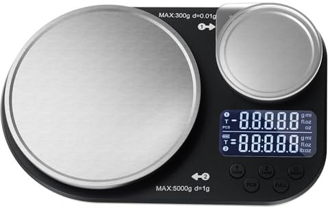 ACCT Báscula de cocina de doble plataforma, báscula digital para alimentos que pesa hasta 5 kg y 300 g, báscula digital con bandeja de pesaje de acero inoxidable, ideal para cocinar, hornear y