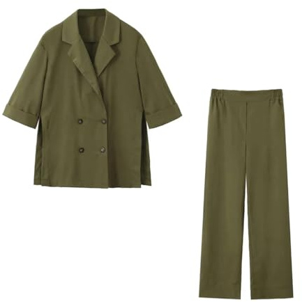 Ensemble de deux pièces pour femme avec blazer ample à double boutonnage et pantalon à taille haute élastique, Set 1, M