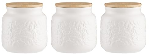 Price & Kensington Acorn Ceramic Tea Coffee & Sugar Storage Jars Set with Wooden Lids Embossed Acorn Design 700ml Capacity Airtight Silicone Seal Soft Cream Glaze Durable Stoneware Kitchen Jars