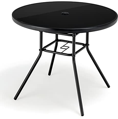 COSTWAY Mesa Terraza Exterior Redonda, 86x71 cm, Mesa Jardin de Vidrio Templado, Agujero para Sombrilla de 3,5 cm, Estructura Metálica, Mesa de Comedor Jardin Terraza Balcon Exterior