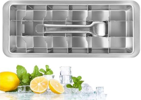 Bandeja de cubitos de hielo de metal, 18 ranuras extraíbles con mango de fácil liberación, moldes de cubitos de hielo de acero inoxidable, bandeja desmontable para hacer varios cubitos de hielo y