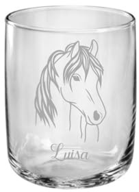 Pferde Kinder Trinkglas mit Gravur, personalisiert mit Namen oder Wunschtext, 3 versch. Glasformen, Geschenk für Pferdefreunde, Art.Nr.P2