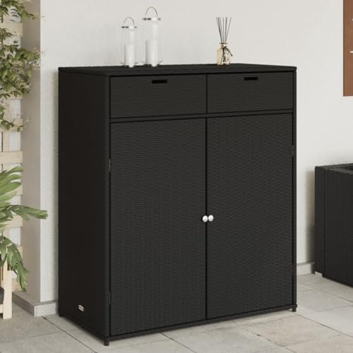 Fasba Gartenschrank, Geräteschrank mit viel Stauraum, Beistellschrank Schrank mit Türen, Balkonschrank Terrassenschrank, Schwarz Poly Rattan