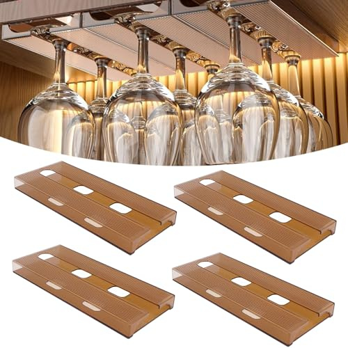 SAMSYOKI 4 Pezzi Porta Bicchieri da Vino Sospeso Supporto per Calici Vino Senza Foratura Porta Calici Sottopensile Portabicchieri Appendere Scolabicchieri Vino per Bar Ristorante Cucina (Marrone)
