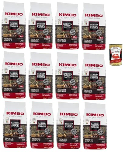 Kimbo Barista Espresso Napoli Caffè in Grani, Café En Grains entier, Arabica 80%/Robusta 20%, avec des notes de pain fraîchement grillé et de chocolat noir, 12x 250 g + Italian Gourmet polpa 400g