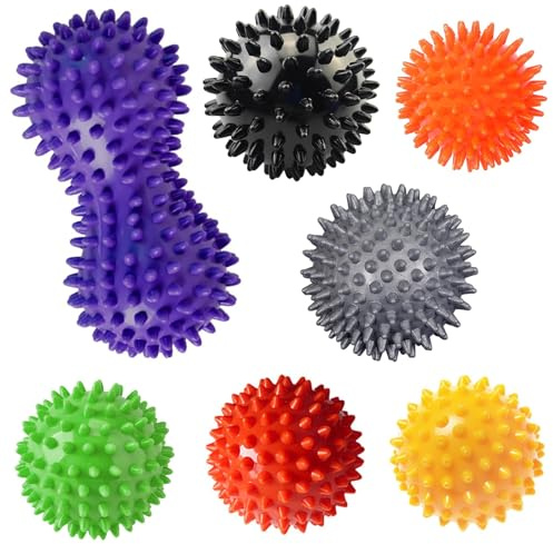 Lot de 7 balles de massage avec picots/frisés - Balles de fascia dures pour les pieds, le dos, les mains et les jambes - Aide à détendre les muscles avec tension