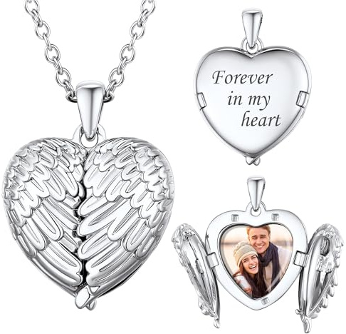 U7 Personalised Locket Necklace for Women, 20+2 Heart-Shaped Wings Photo Necklace, Heart Necklaces with Custom Text and Photos, Silver Locket Pendants, Including Jewelry Box