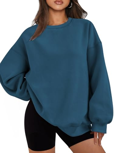 Famulily Warm Sweatshirts Women Oversized Crewneck Y2K Drop Shoulder Long Sleeve Sweatshirt Fall Winter Fashion Pullover Sweater Indigo L