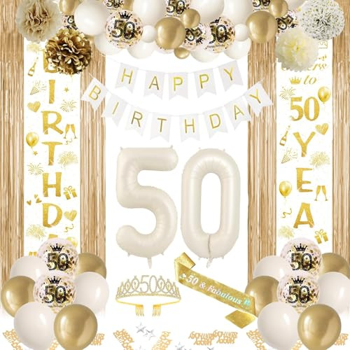 50 Geburtstag Deko Weiß Gold, 50. Party Mädchen Deko, Beige Gold Ballon Deko, Happy Birthday Girlande Tür Banner, Lametta Vorhänge, Geburtstags Schärpe für Frauen Mädchen 50 Geburtstag Deko