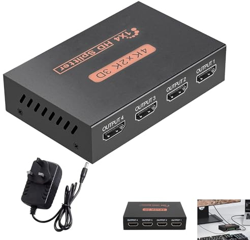 HDMI Splitter 1 in 4 out, 4 Port HDMI Splitter with UK Power Supply, Supports 3D 4K at 30Hz 1x4, Mirror Mode Only, 4 Way Distributor for HDTV, Blu-ray, DVD, Fire Stick, PS4, PC, Monitor