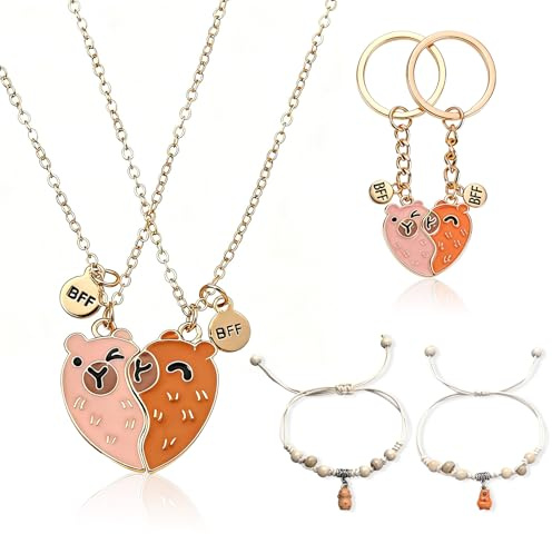 Rudfovn 2 Piece Capybara Friendship Necklace with Best Friend Keyring and Cute Capybara Bracelet for Girl Women Gifts