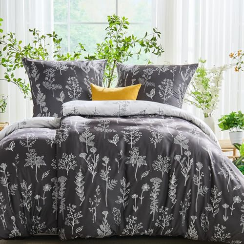 Vielit Microfaser Bettwäsche 135x200 4teilig,Ultraweich ÖKO-TEX Bettwäsche-Sets - 2X Bettbezug 135 x 200 + 2X Kissenbezug 80x80 alle mit Reißverschluss, Wendebettwäsche Weiße Blätter auf Anthrazit