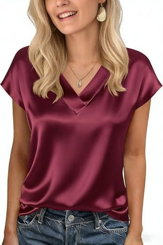 Xiaoliny Camicia Donna Elegante Blusa in Raso di Seta Casual T-Shirt Maniche Corte con Scollo a V Camicetta Satin Basic Top Estivo Larghe Maglia Semplice Chic Maglietta per Tempo Libero Festa Ufficio