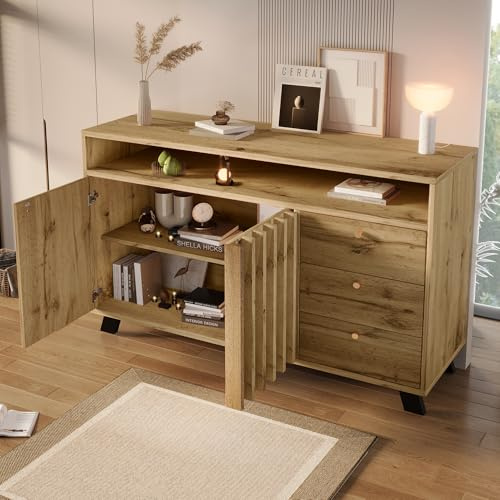 VIEKOS Aparador de 120 x 40 x 85 cm en roble oscuro – con 3 cajones, 2 puertas, compartimento abierto y frente de listones en estilo vintage – para salón, comedor, pasillo y entrada