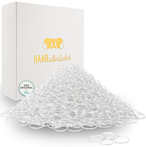 HAARallerliebst Haargummis klein – 250 Mini Haargummi (transparent, 1 cm) – Dünne Gummibänder für Haare und Bart – Kleine Haargummis inkl. Schachtel weiss