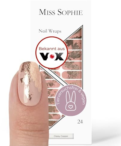 Original Miss Sophie Nagelfolien Classy Copper I 24 ultra-dünne Nagellack-Streifen in Metallic Rosa I Für Finger- & Fußnägel I Hält auf Natur- sowie lackierten, Acryl-, Gel- & Shellac-Nägeln