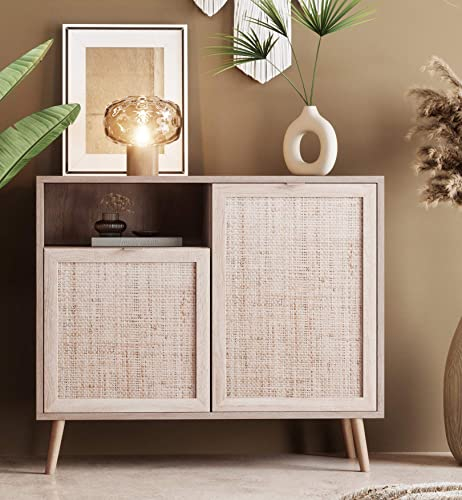 Newfurn Kommode Sonoma Eiche Rattan Optik Highboard Flur Boho