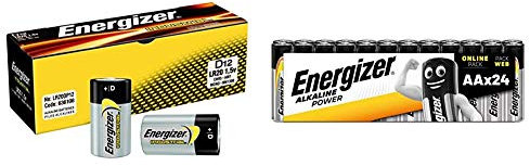 Energizer 636108 Industrial/Disposable D Alkaline Battery (Pack of 12) & AA Batteries, Alkaline Power Double A Batteries, 24 Pack