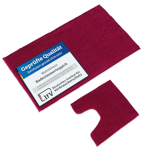 WohnDirect Badematten & Badteppiche Set 2 teilig Beere • WC Vorleger mit Ausschnitt 45x45cm + Badematte rutschfest 70x120cm groß • Badvorleger rutschfest waschbar • Badezimmerteppich ÖkoTex
