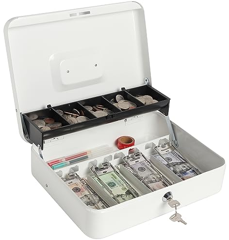 Lovndi Große Geldkassette mit Geldablage und Schloss, Metall Spardose für Bargeld, Lockbox 11,8 x 9,5 x 3,54 Zoll, Weiß