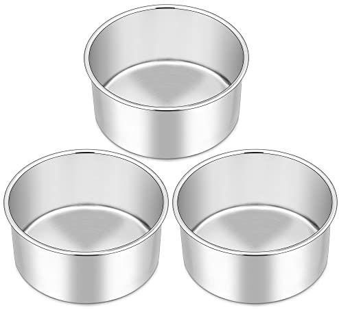Herogo 6 Inch Cake Tin, Round Cake Tins Set of 3, Stainless Steel Deep Baking Cake Pan for Birthday Wedding Christmas Layer Desserts, One Piece Design & Mirror Finish, Dishwasher Safe