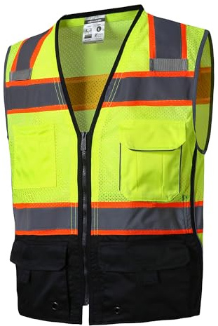 SKSAFETY 10 Pockets Hi Vis Safety Vest with Reflective Strips, ANSI/ISEA Standard, Class 2 High Vis Security Vest (Lime Black, M)