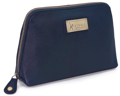 Catwalk Collection Handbags - Damen Leder Make - Up Tasche - Schminktasche Mittelgroß - Kosmetiktasche für Handtasche - Emma - Blau