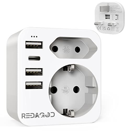 Redagod Reiseadapter UK Adapter, Adapter England Deutschland Stecker mit 3 USB 1 Typ C Reisestecker Stromadapter Steckdosenadapter Typ G für England Großbritannien Irland Dubai, Malediven