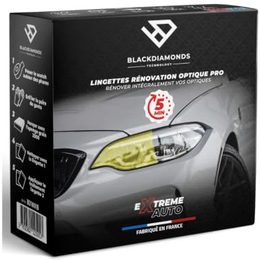 BlackDiamonds - Kit de Rénovation Pro des Optiques et des Phares. Fabricant Français Notre Formule Exclusive Permet de Retrouver l’ECLAT du Neuf sur des Phares Très Abimés - 4 Lingettes