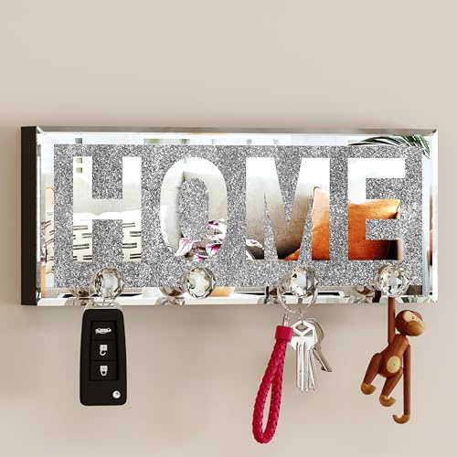 Wandmontierter Schlüsselhalter, Spiegelglas mit 4 Haken für Eingangsbereich | Verspiegelte HOME‑Buchstaben‑Deko, MDF‑Rückseite, 4 Kristall‑Diamant‑Haken, für Schlüssel, Leinen und Taschen