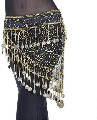 WORNEW Bauchtanz Hüfttuch Tanzgürtel Taillenkette handgefertigte Perlen Hüfttuch Frauen Mädchen Tanz mit 158 ​​Münzen Hüfttuch (Color : Gold, Size : One Size)