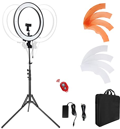 LDGHO 18-Inch Ring Light, 55W Dimmable 5500K Light with 240 LEDs Color Filter, Soft Tube and Carrying Bag for YouTube, TikTok, Selfies and Photography, Compatible with Camera and Smartphones