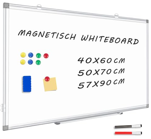 QUEENLINK Lavagna Magnetica, Lavagna Cancellabile 50x70cm Lavagna Bianca Cancellabile Con Cornice in Alluminio, Con Vassoio Portapenne E Ganci